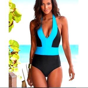 T&J‎ DESIGNS Swimsuit One Piece Halter Color Block Blk & Turquoise Variou…